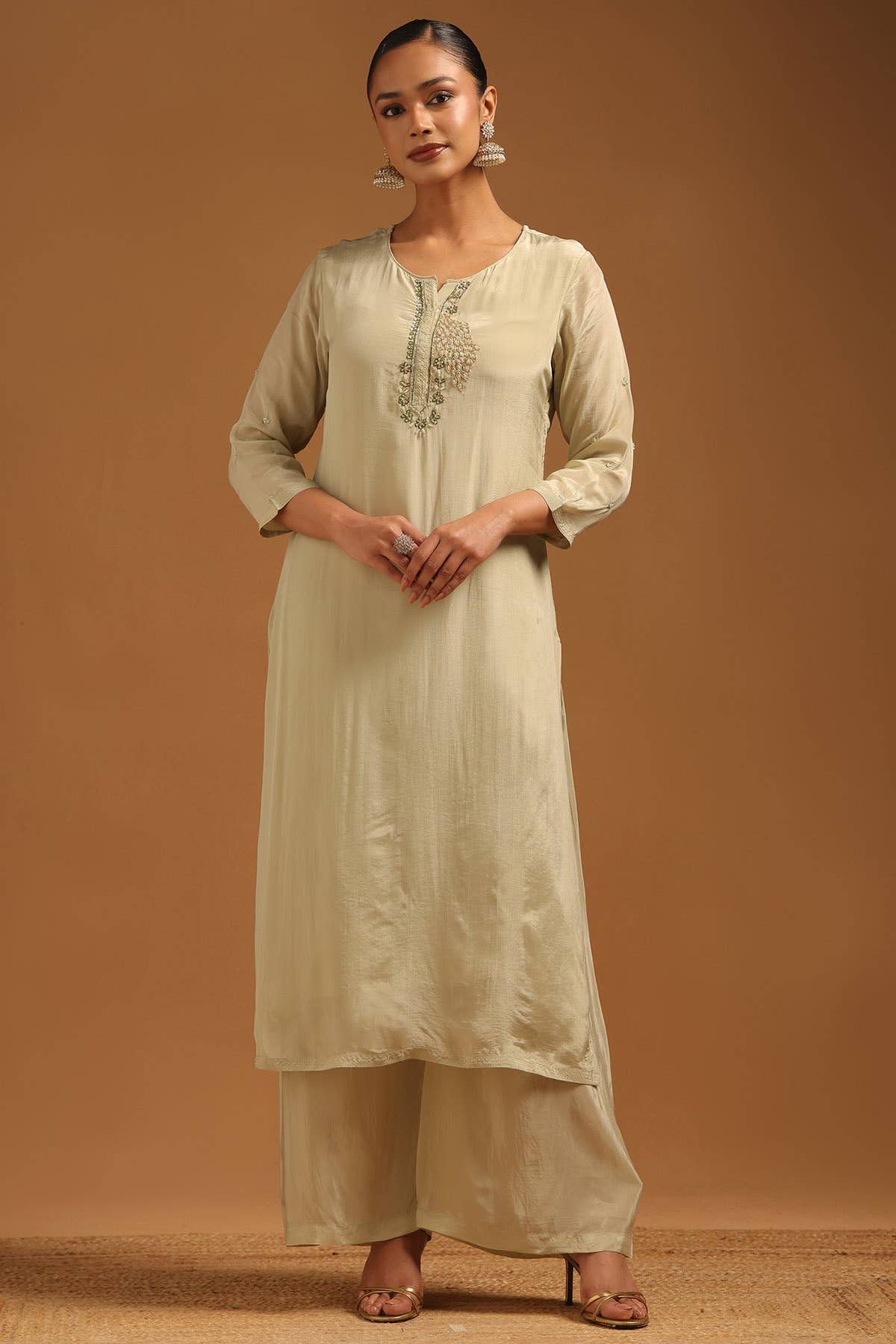 Sap Green Cutdana Crepe Salwar Suit Set Style · Hand Work Cutdana · Notch Neckline  ·  Palazzo  ·  Set of 3  ✦ - Image 7