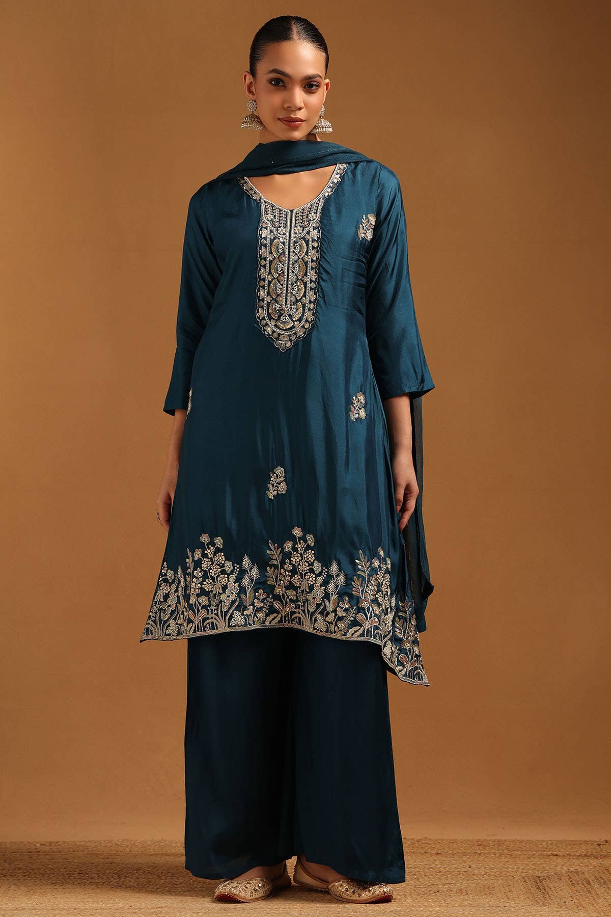 Teal Blue Floral Roman Silk Suit Set with Palazzo & Dupatta