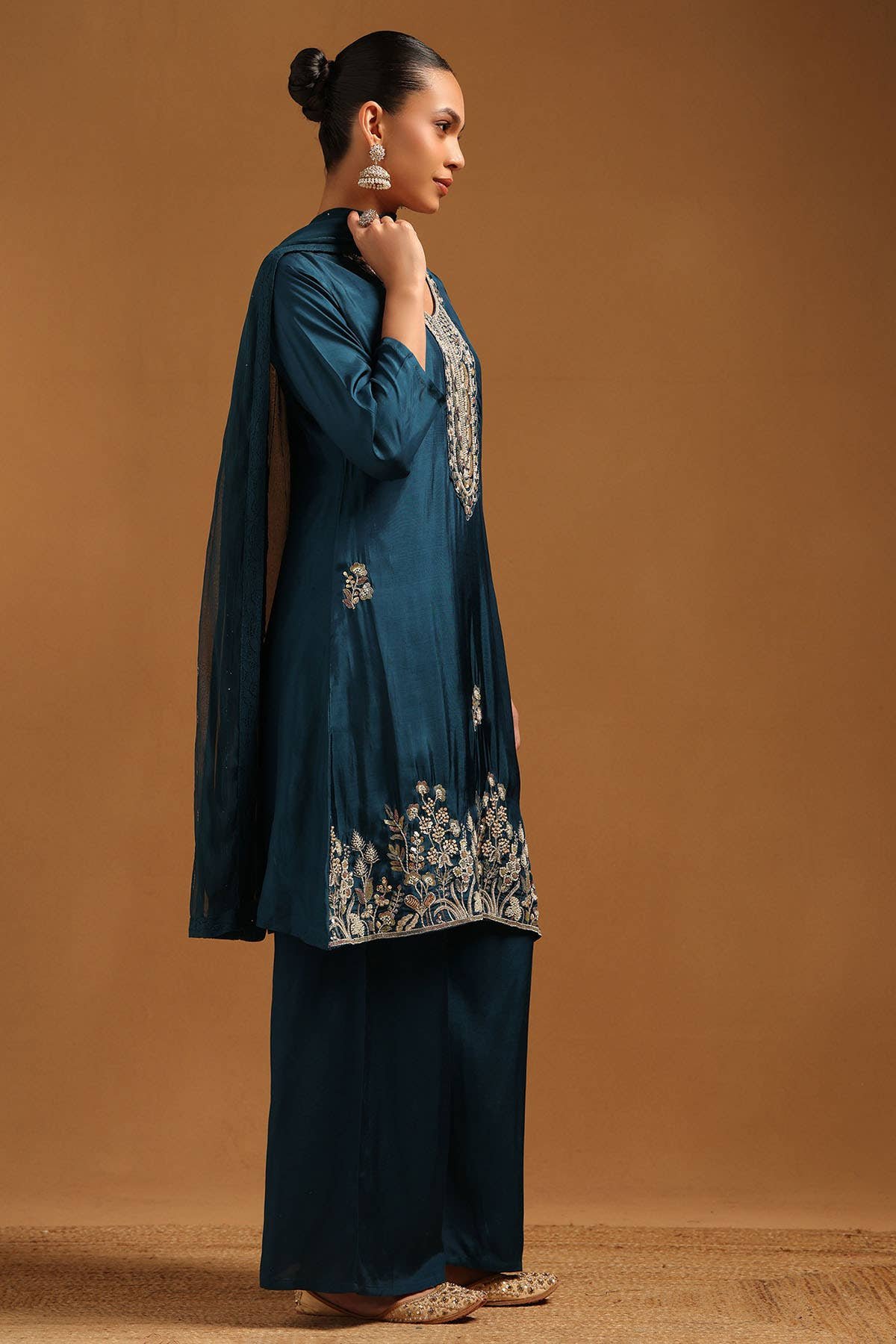 Teal Blue Floral Roman Silk Suit Set with Palazzo & Dupatta - Image 3