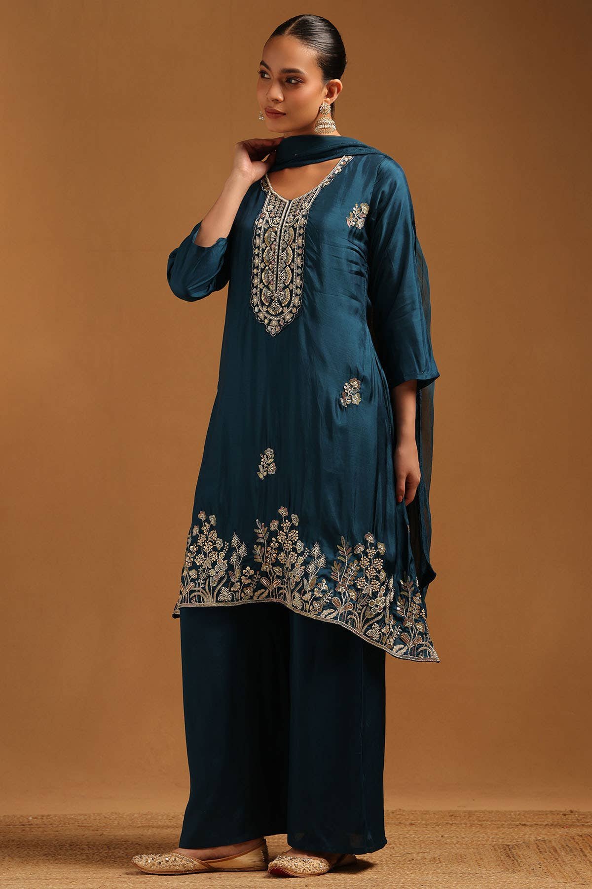 Teal Blue Floral Roman Silk Suit Set with Palazzo & Dupatta - Image 2