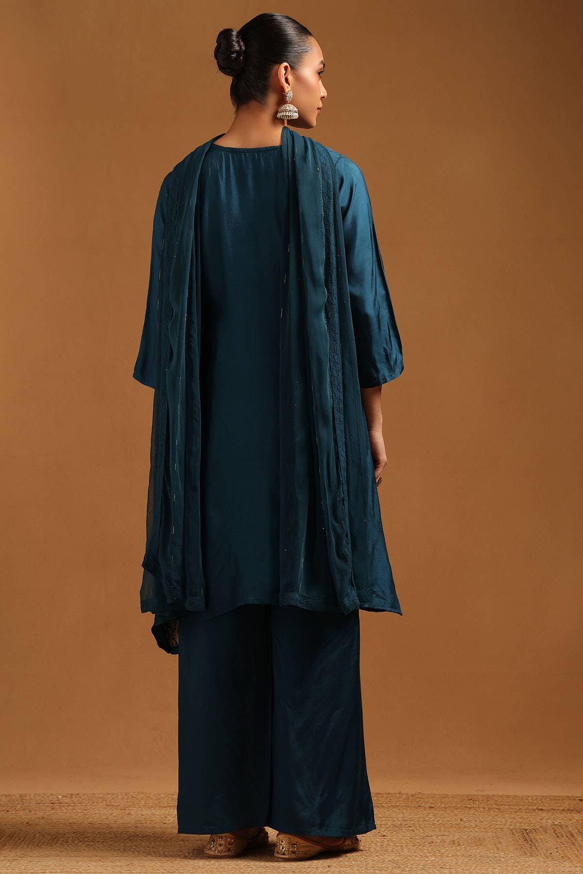 Teal Blue Floral Roman Silk Suit Set with Palazzo & Dupatta - Image 5