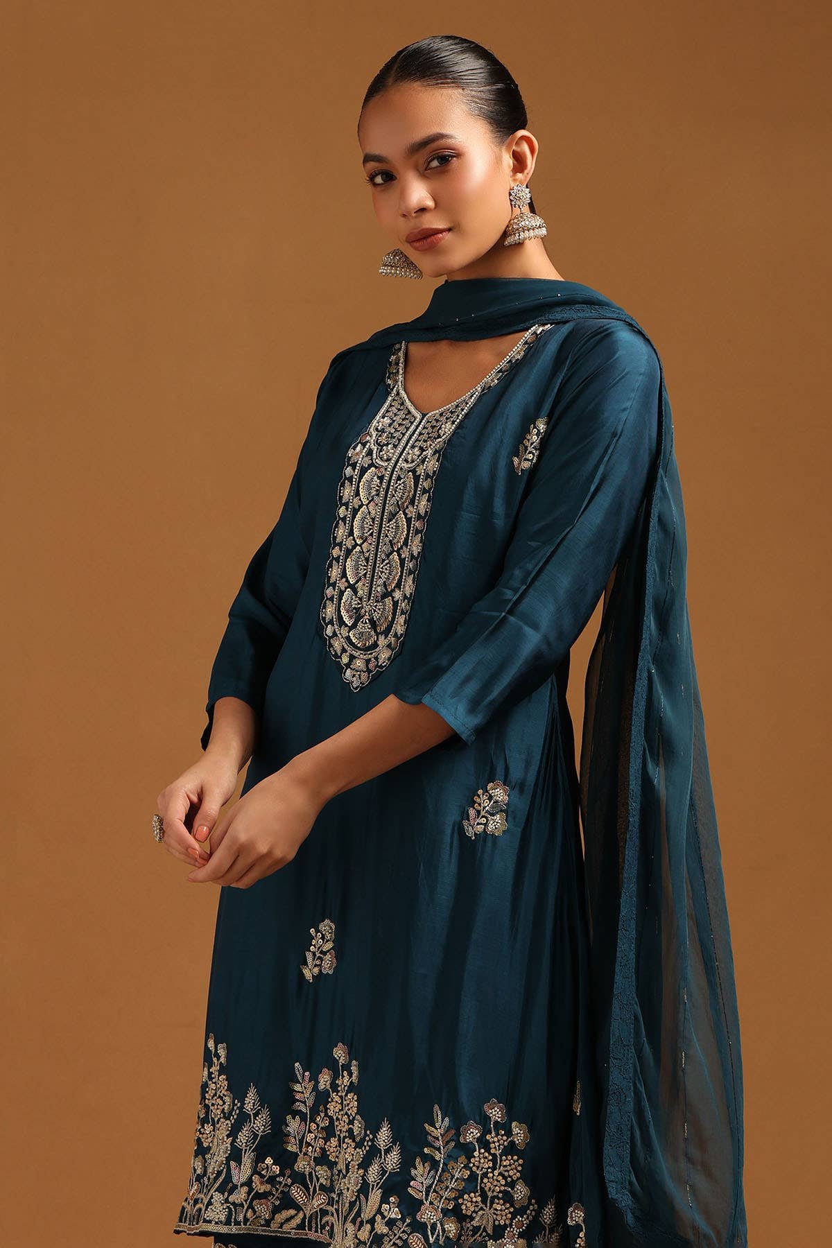 Teal Blue Floral Roman Silk Suit Set with Palazzo & Dupatta - Image 4
