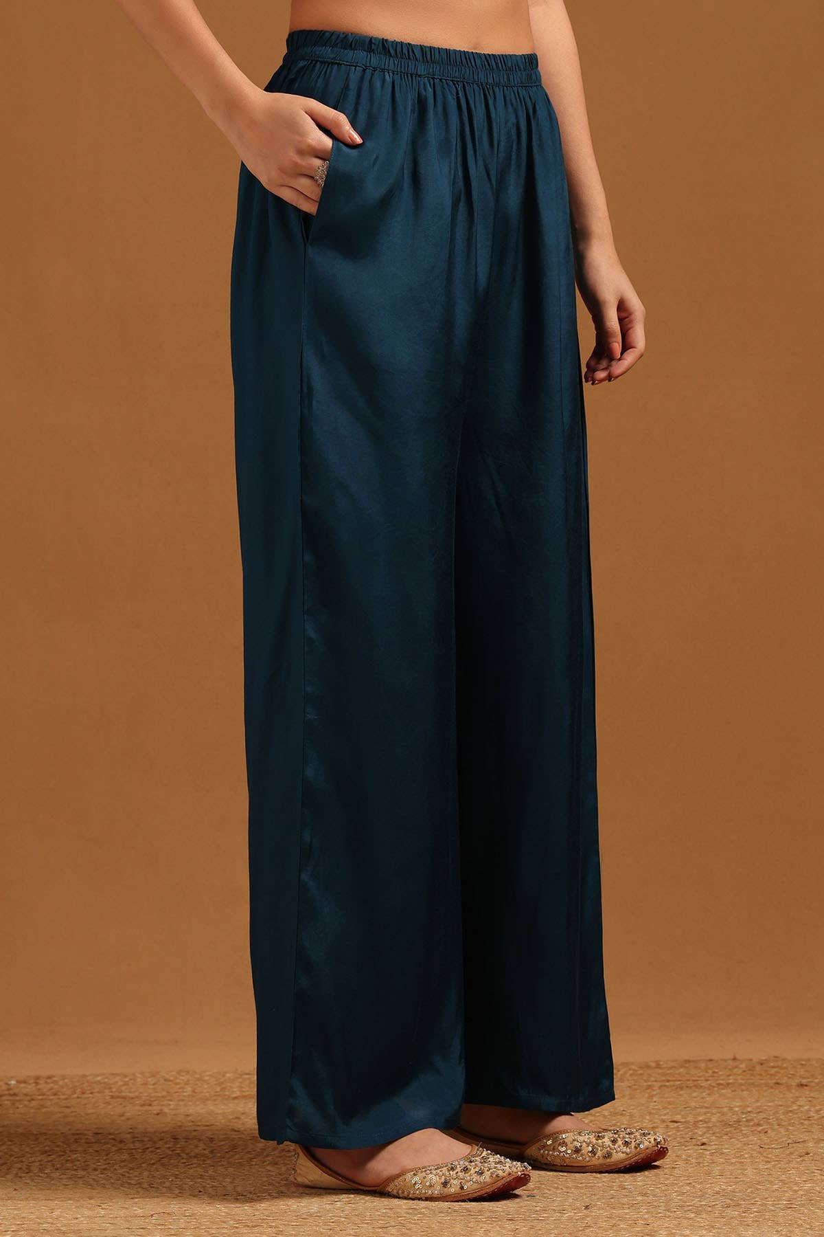 Teal Blue Floral Roman Silk Suit Set with Palazzo & Dupatta - Image 6