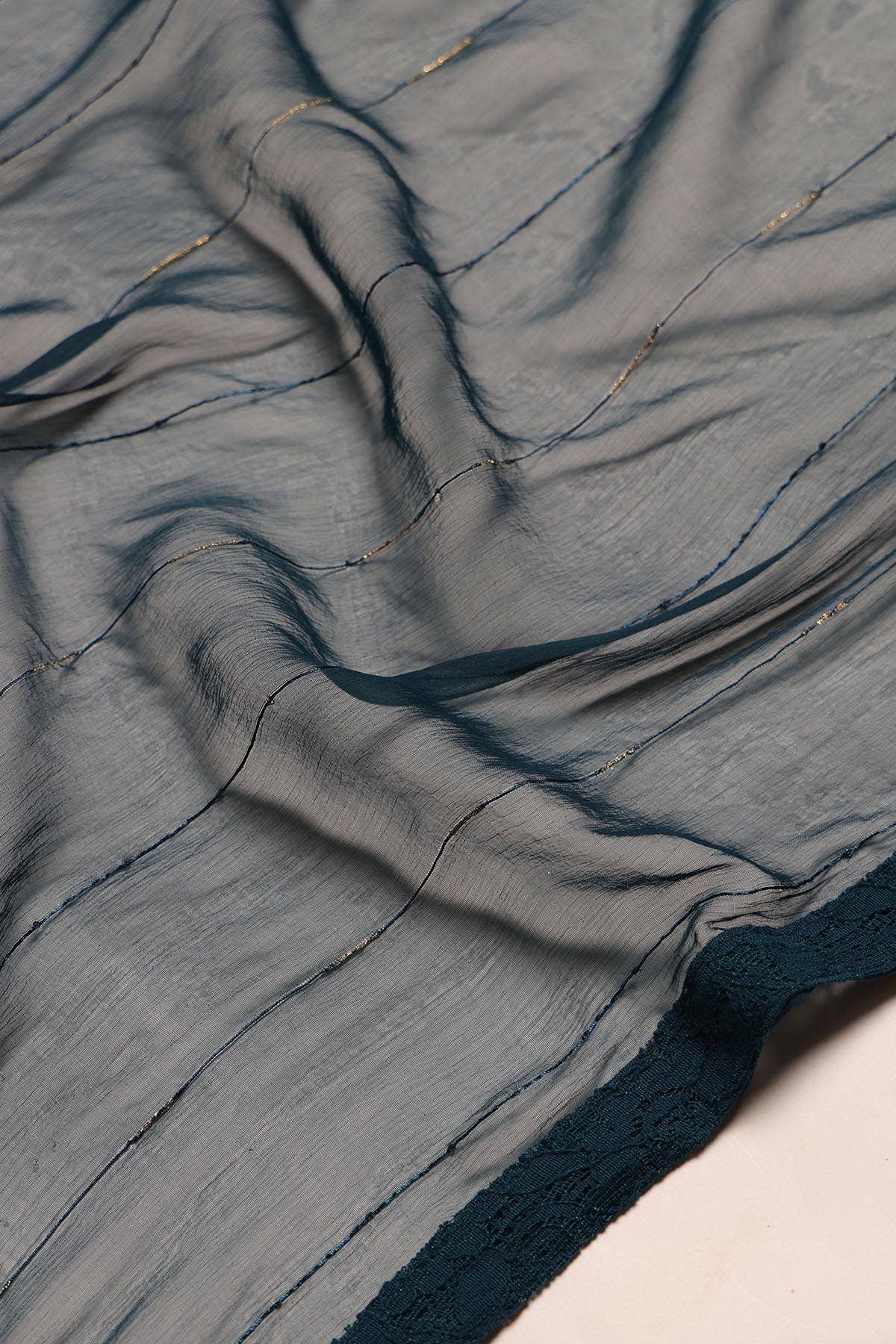 Teal Blue Floral Roman Silk Suit Set with Palazzo & Dupatta - Image 7