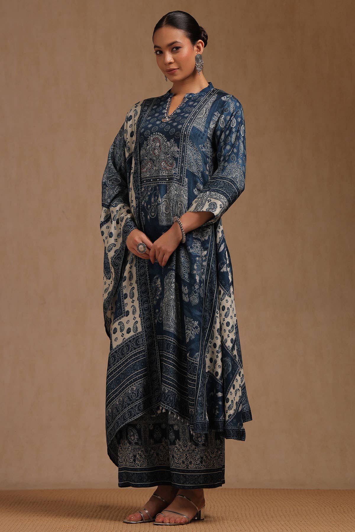 Indigo Dola Silk Ethnic Motifs Thread Work A-Line Palazzo Suit Set Dola Silk · Ethnic Motifs · Thread Work · A-Line · Mandarin Neck · Palazzo - Image 2
