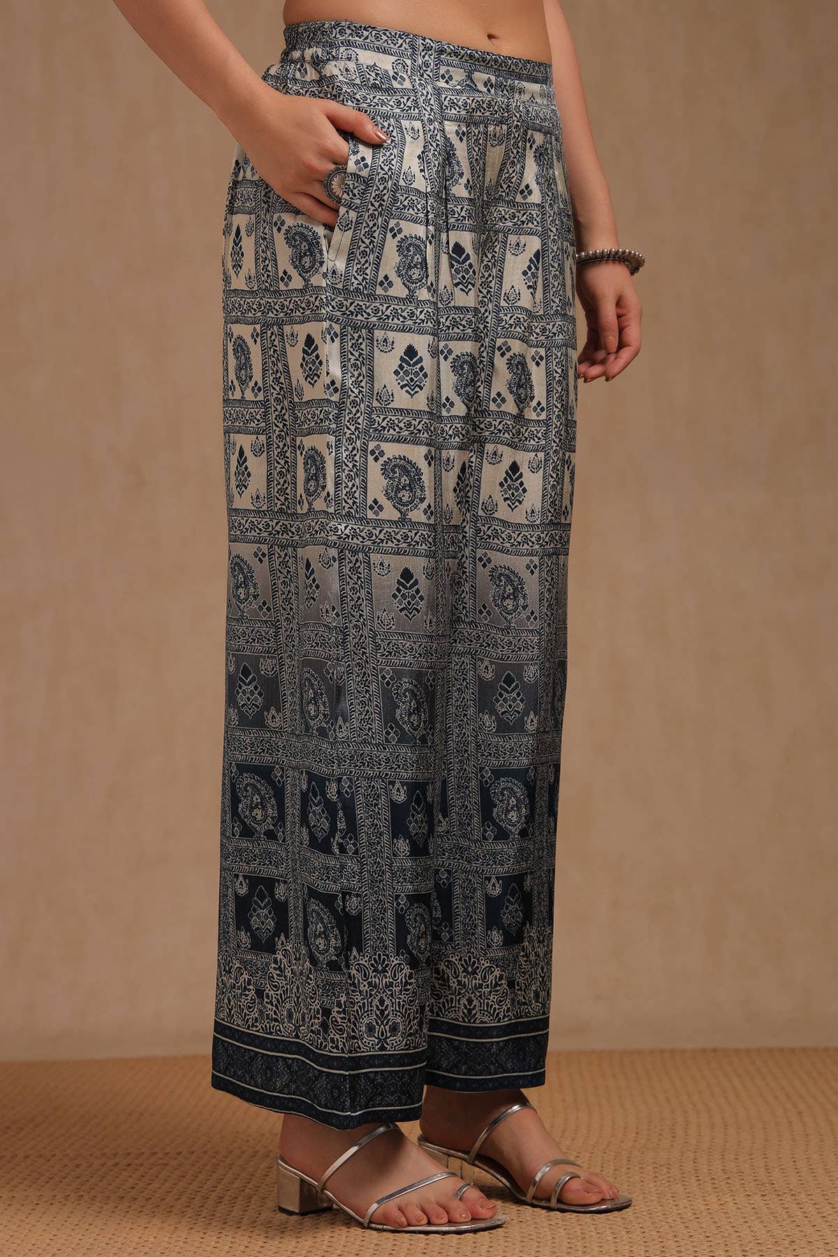 Indigo Dola Silk Ethnic Motifs Thread Work A-Line Palazzo Suit Set Dola Silk · Ethnic Motifs · Thread Work · A-Line · Mandarin Neck · Palazzo - Image 7