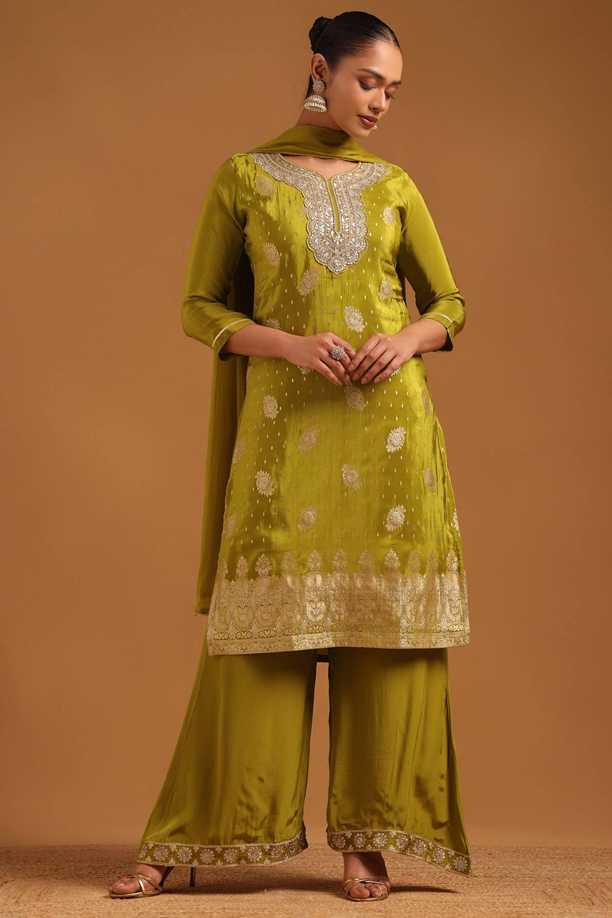Light Green Organza Ethnic Motifs Zari Embroidered Palazzo Suit Set Organza · Zari & Sequin · Leaf Neck · Silk Blend Palazzo · Chinon Dupatta