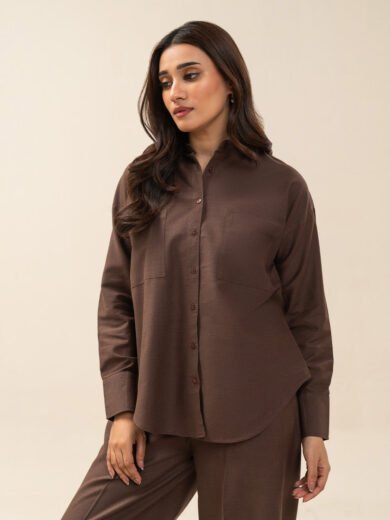 Brown Cotton Linen Co-Ord Set — Button-Down Shirt & Wide-Leg Trousers